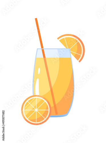 Natural fresh orange juice in a glass. Orange slice, tube for drinking. Healthy organic food. Citrus fruit. Vector flat design. Isolated on white background. Taking vitamins.