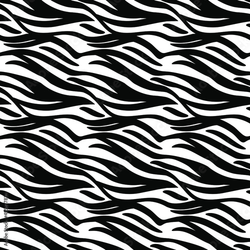Striped zebra skin, seamless pattern. Black and white background, vector illustration