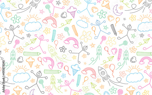Background design with kids and various elements. Colorful figures on a white horizontal surface. Vector