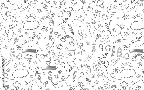 Background design with kids and various elements. Black figures on a white horizontal surface. Vector
