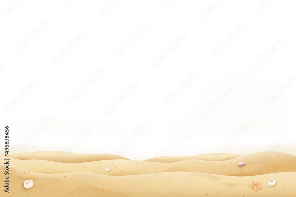 Summer beach sand and seashells on white background with copy space