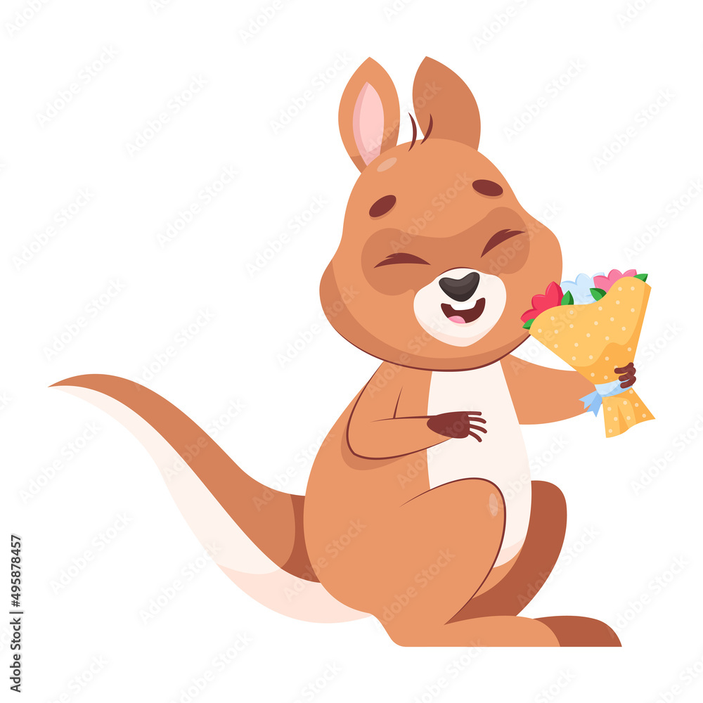 Obraz premium Happy kangaroo with bouquet of flowers cartoon vector illustration. Adorable mammal scenting beautiful flowers and smiling. Wildlife animal, marsupial, love concept