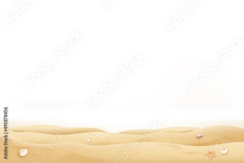 Obraz Summer beach sand and seashells on white background with copy space