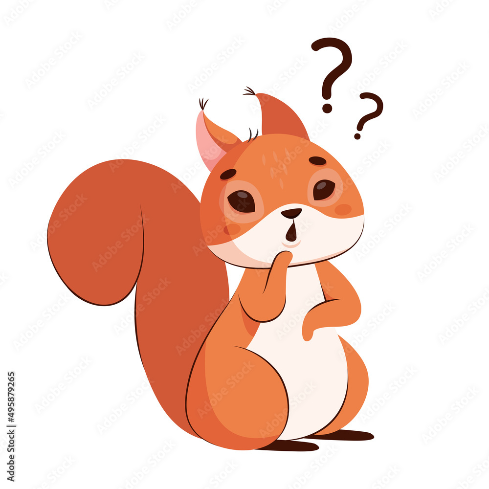 Frustrated squirrel with question marks on white background. Pensive