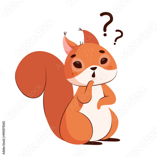 Frustrated squirrel with question marks on white background. Pensive wildlife animal with big tail thinking, looking for solution cartoon vector illustration. Rodent concept