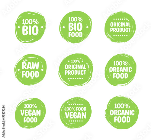 Vegan food logo labels and tags. Vegetarian eco, natural product green concept. Vector hand-drawn illustration.