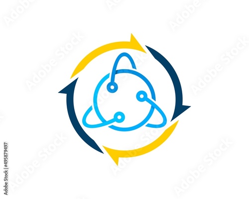 Circular arrow with atom symbol inside
