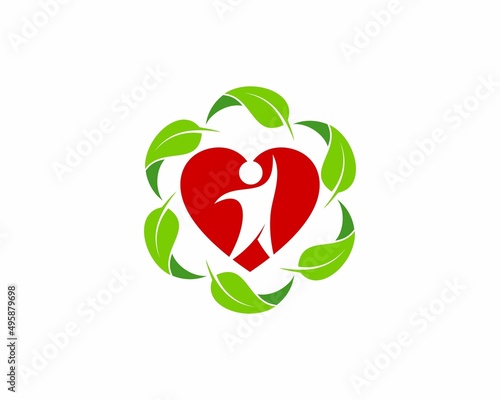 Heart and people inside the circle leaf logo