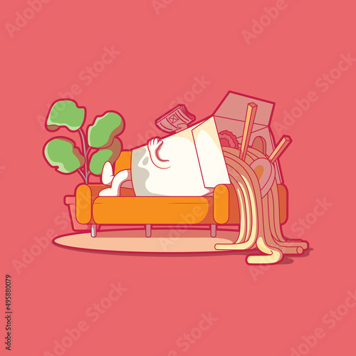 Ramen box character chilling on the couch vector illustration. Food, funny, brand design concept.	