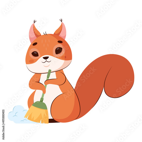 Pretty squirrel cleaning up floor cartoon vector illustration. Cute furry animal sweeping, tidying up house, holding broom. Rodent, housework, house chores concept