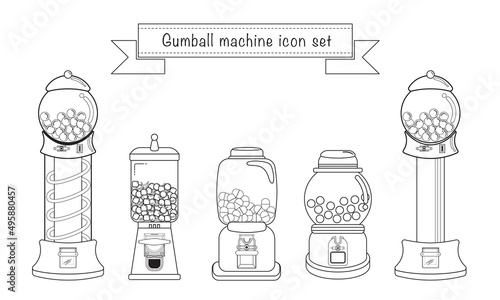 outline classic Gumball Machine on white background with bubble gum or sweets in plastic plexiglass cartoon cute icon set. toy and food funny concept. Square and round shape. thin line vector