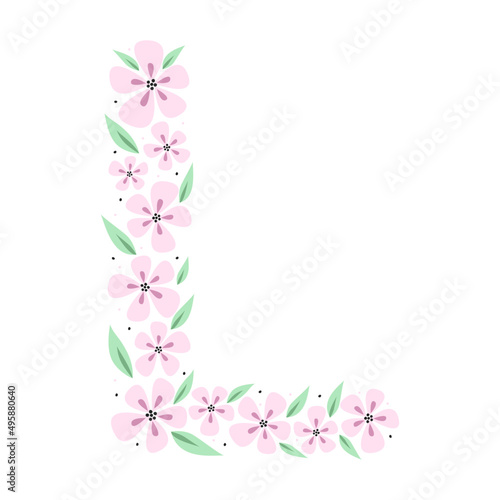 Floral botanical alphabet. Vintage hand drawn monogram letter L. Letter with plants and flowers. Vector lettering isolated on white