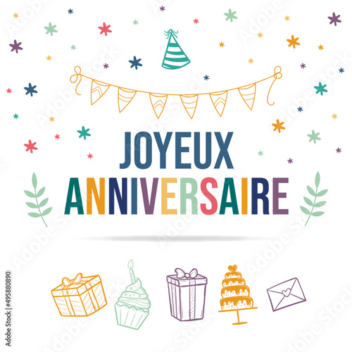 Joyeux anniveraire - Carte d'anniversaire, pack d'éléments vectoriels - Gâteaux, cadeaux et cotillons