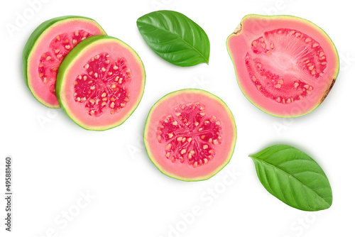 Guava fruit with slices isolated on white background. Top view with copy space for your text. Flat lay