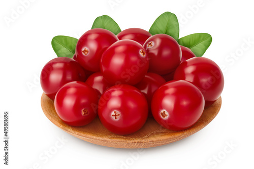 Cranberry in wooden bowl isolated on white background with clipping path and full depth of field