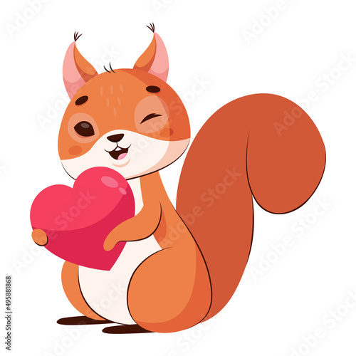 Happy squirrel holding heart cartoon vector illustration. Smiling fluffy animal winking. Animal with furry tail standing on white background. Rodent, love concept