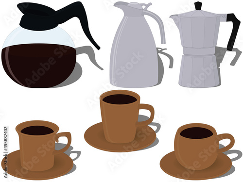 Glass and metal coffee pots with ceramic cups of coffee vector illustration