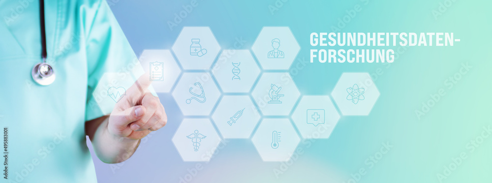 Gesundheitsdatenforschung. Männlicher Arzt zeigt mit Finger auf digitales Hologramm aus Icons. Text mit medizinischen Begriff. Konzept für Digitalisierung in der Medizin