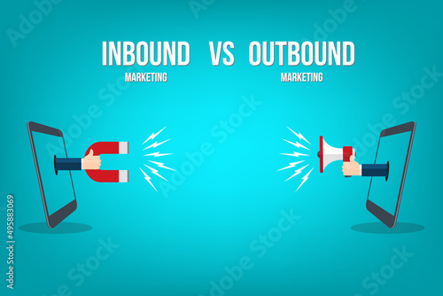 Inbound marketing and outbound marketing banner with Magnet and Megaphone , vector illustration
