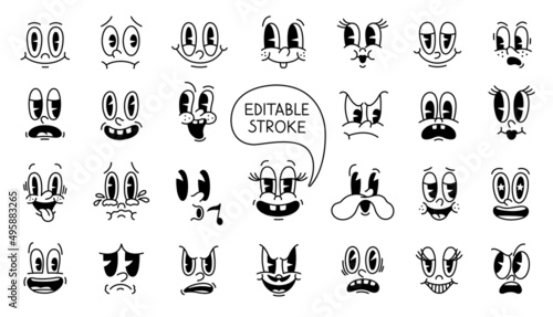 Fototapeta Naklejka Na Ścianę i Meble -  Retro 30s cartoon mascot characters funny faces. 50s, 60s old animation eyes and mouths elements. Vintage comic smile for logo vector set
