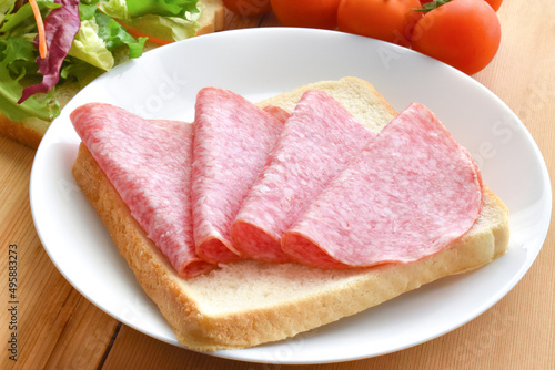 Salami and vegetables on bread. Salami sandwich on a white plate.