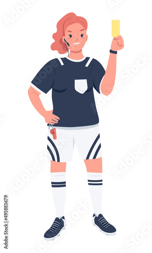 Female football referee semi flat color vector character. Posing figure. Full body person on white. Gender equality in workplace simple cartoon style illustration for web graphic design and animation