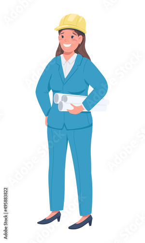 Female architect semi flat color vector character. Standing figure. Full body person on white. Gender equality in workplace simple cartoon style illustration for web graphic design and animation