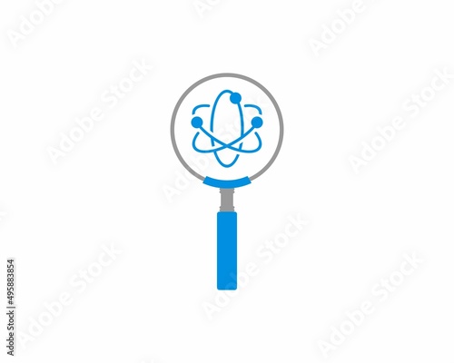 Science symbol inside the magnifying glasses logo