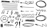 Doodle frames arrows music stars hearts notes text. Sketch set cute isolated line collection for school.