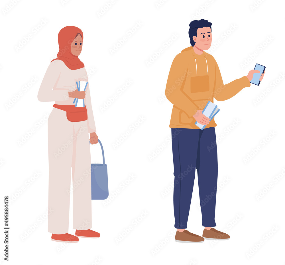 Travelers with airline tickets semi flat color vector characters set. Standing figures. Full body people on white. Simple cartoon style illustration collection for web graphic design and animation