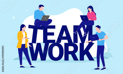 Teamwork people - Team of four businesspeople working on and around word. Banner and title concept, flat design vector illustration