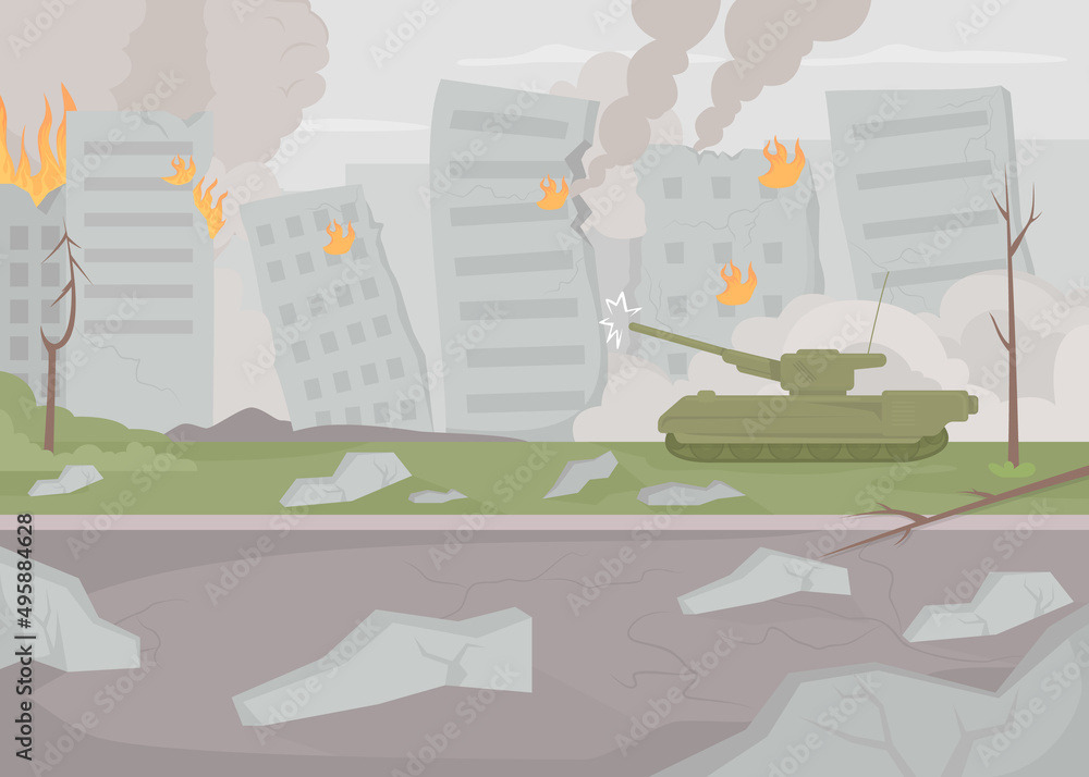 Battle scene flat color vector illustration. Outbreak of hostilities. Destroyed and burning town. Stop war. Devastated city 2D simple cartoon cityscape with ruined buildings on background