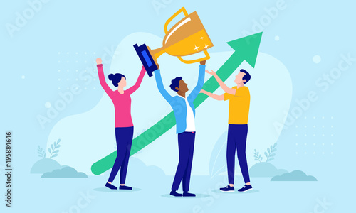 Print op canvas Business triumph vector illustration with casual people holding trophy cup in fr