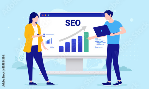 Two people doing SEO work on computer screen. Search engine optimisation concept in flat design vector illustration