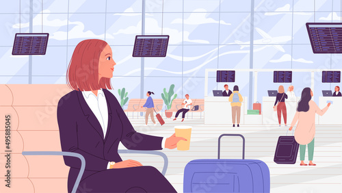 Woman sits in airport waiting area. Business, travel