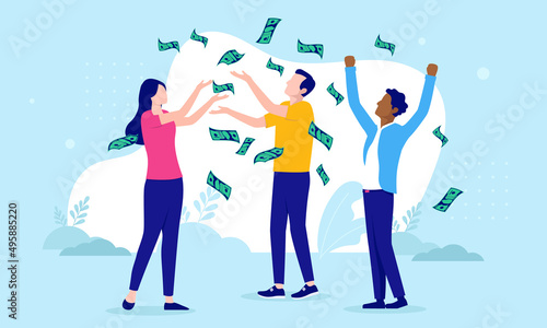 Casual business team making money - Three people celebrating profits cheering and feeling happy. Flat design vector illustration with blue background