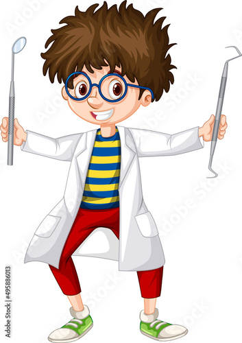 Happy dentist holding dental examination kit on white background