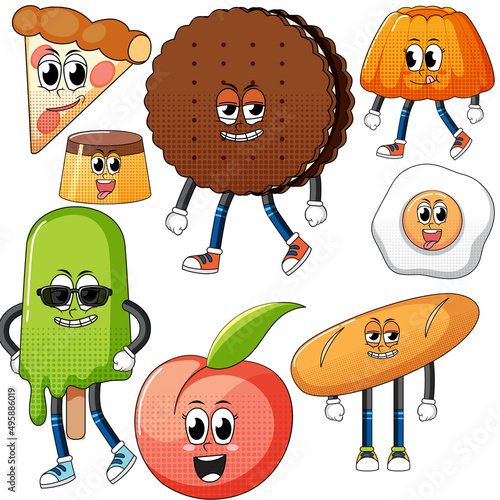 Set of facial expression with vintage style food cartoon on white background