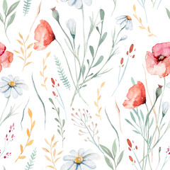 Stickers Vintage bloemen patronen Aquarel klaprozen en korenbloemen veldpatroon  © kris_art