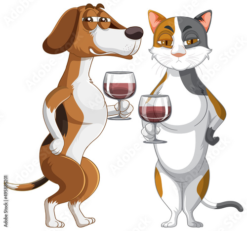 A dog and cat on drinking wine white background
