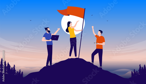 Business victory - Team of people in casual clothes on hilltop raising flag. Triumph and achievement concept, flat design vector illustration