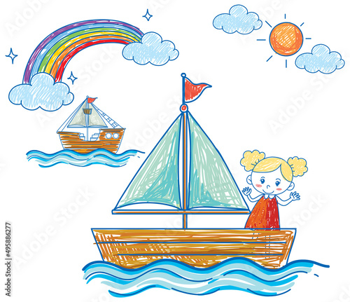 Coloured hand drawn ship and girl