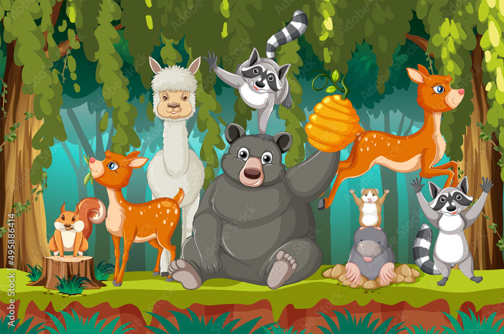 Obraz premium Nature scene with many trees and animals
