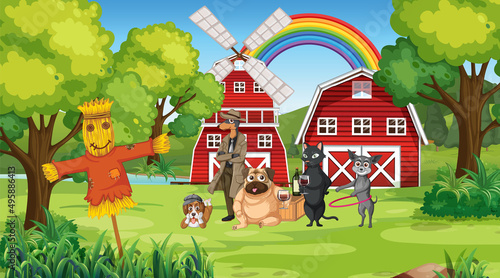 Set of different domestic animals in farm