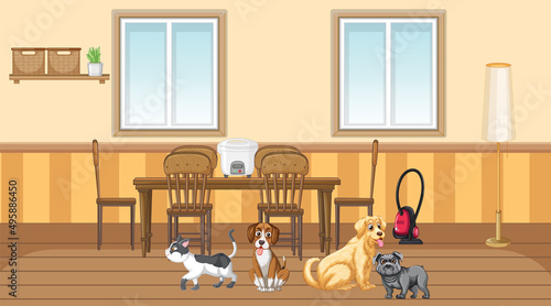 Set of different domestic animals in kitchen
