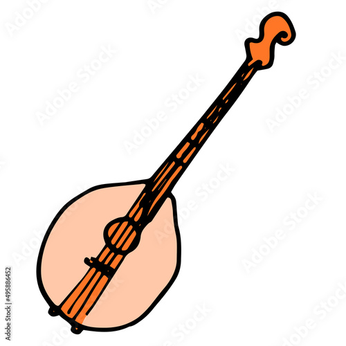 the mandolin icon is light yellow. drawing of a BANJO stringed musical instrument in the style of a doodle, orange color with a black outline on white, top view. vintage element