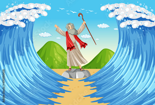 Moses cartoon character with red sea