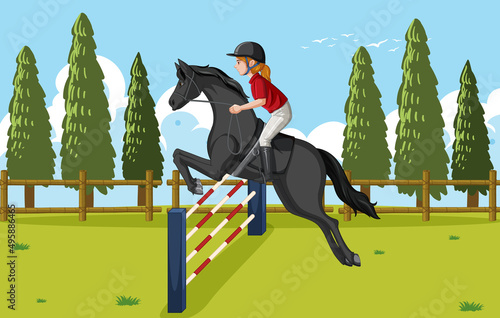 Outdoor scene with equestrian riding horse