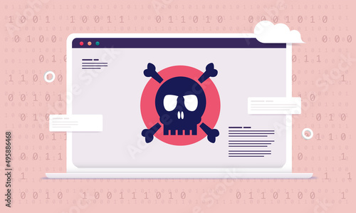 Computer virus - Laptop with red screen and skull showing danger and malware alert. Vector illustration