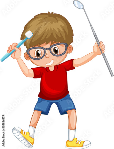 A little boy holding toothbrush and dental mirror on white background